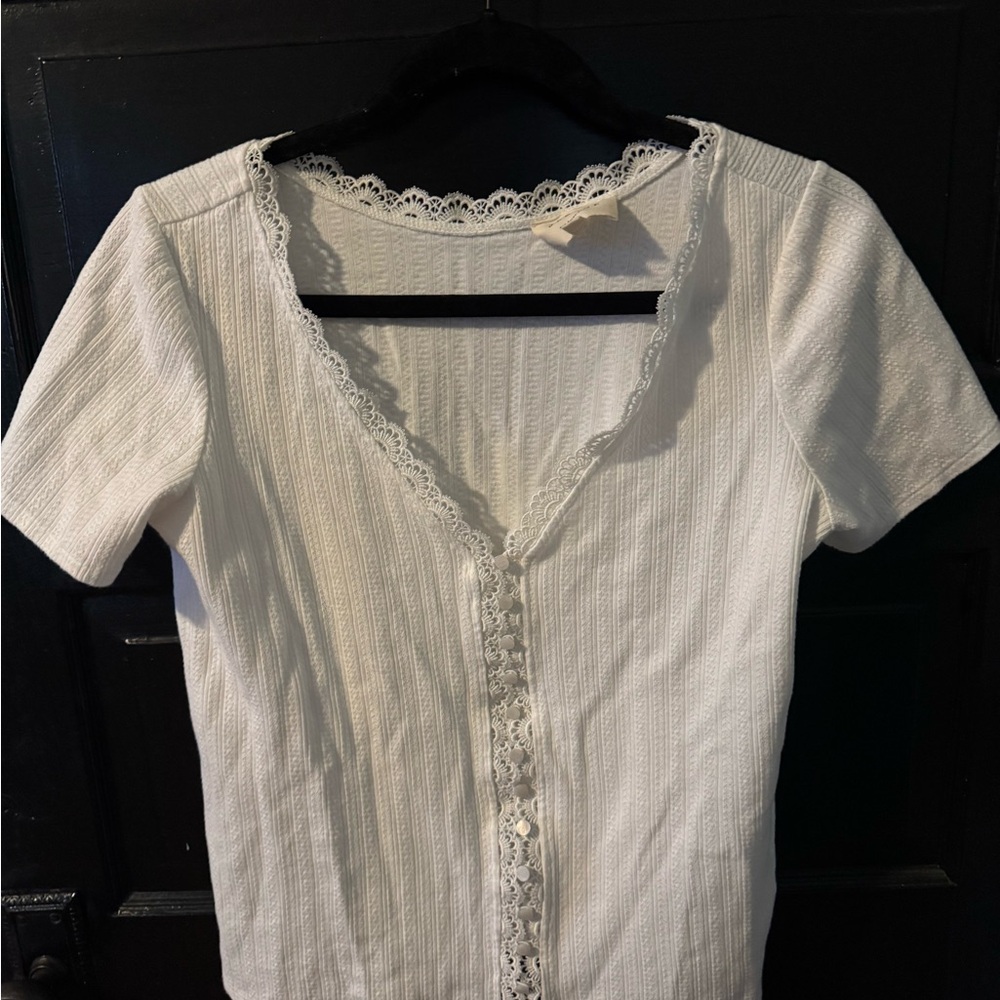 Sezane White Lace-Trim Short Sleeve Ribbed Tee
